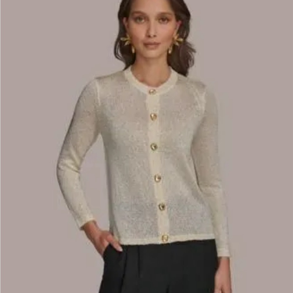 NWT Donna Karan Women’s Elegant Cream Button-Up Metallic Sweater